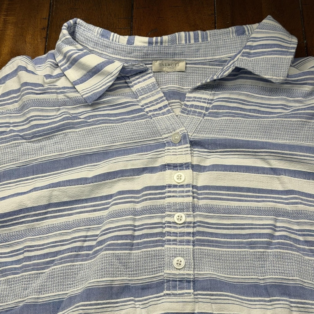 Talbots Fisherman Coastal Blouse Womens 3X Blue Roll Tab Tunic Top‎ Lightweight
